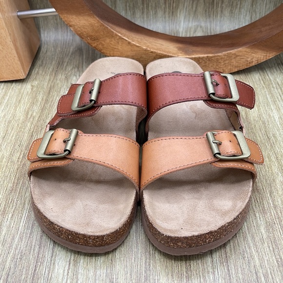 ACADEMY Two-toned Double Strap Buckle Faux Leather Sandals - 8  (tan/brown) - Picture 2 of 6